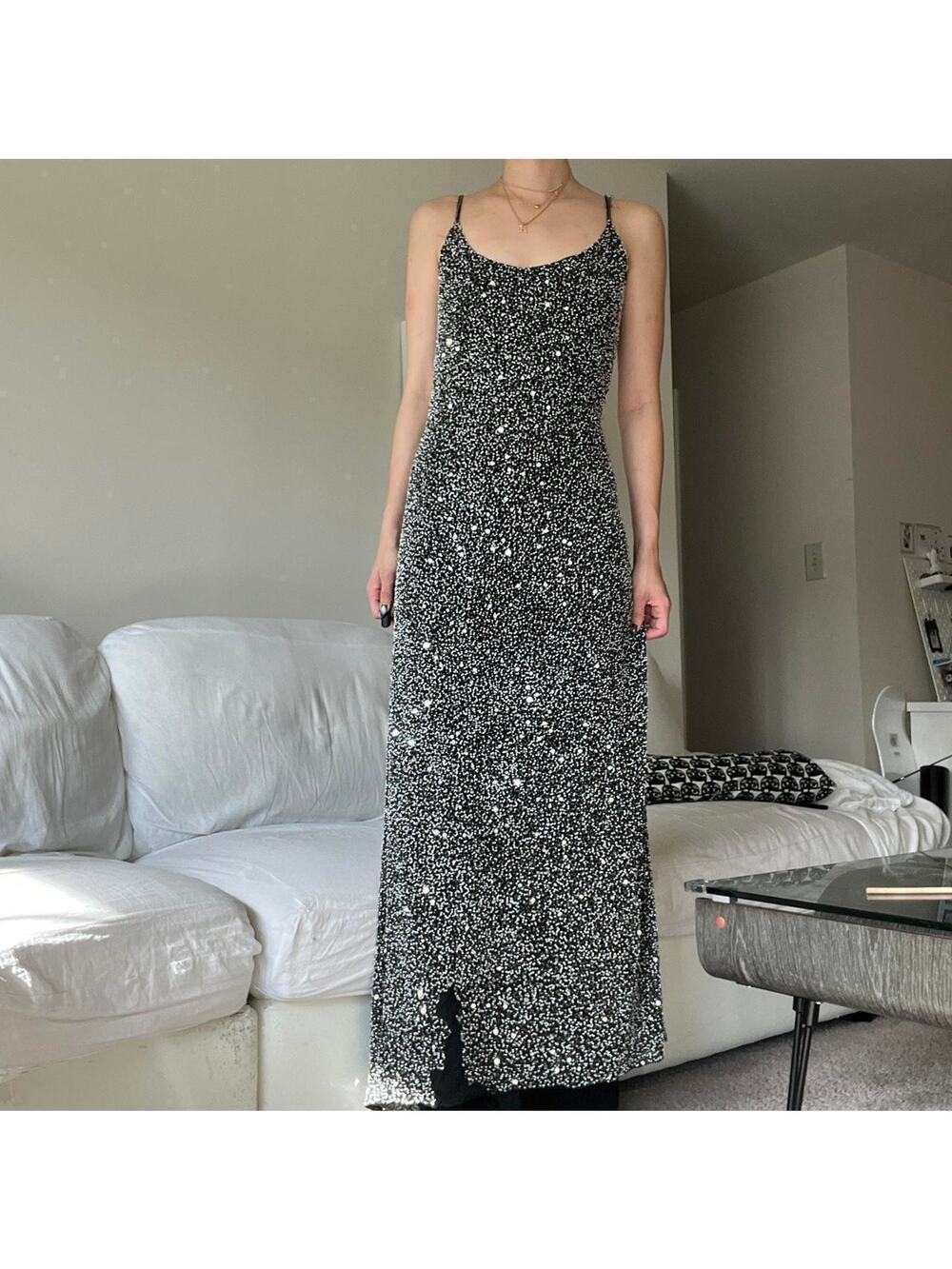 Black maxi dress with all over beaded sequins